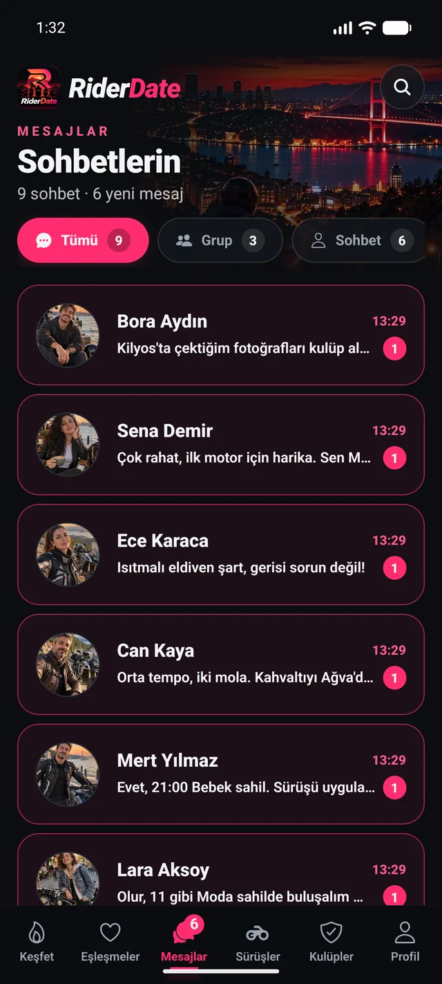 RiderDate Mesajlar ekranı (tanıtım hesapları)